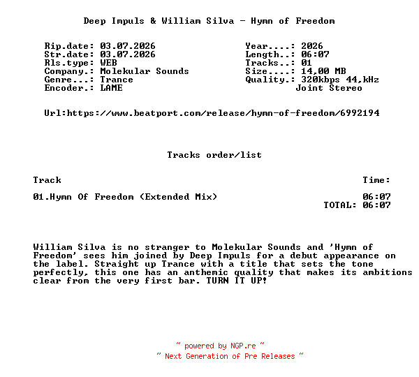 NFO for the release Deep_Impuls_And_William_Silva_-_Hymn_Of_Freedom-(MOLSO224)-SINGLE-WEB-2026-FMC by FMC