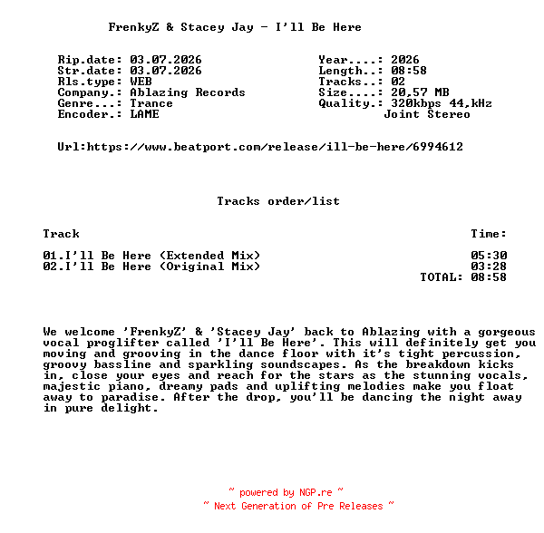NFO for the release FrenkyZ_And_Stacey_Jay_-_Ill_Be_Here-(ABL348)-WEB-2026-FMC by FMC