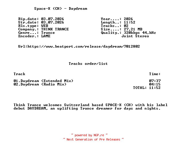 NFO for the release Space-X_(CH)_-_Daydream-(TT065)-WEB-2026-FMC by FMC
