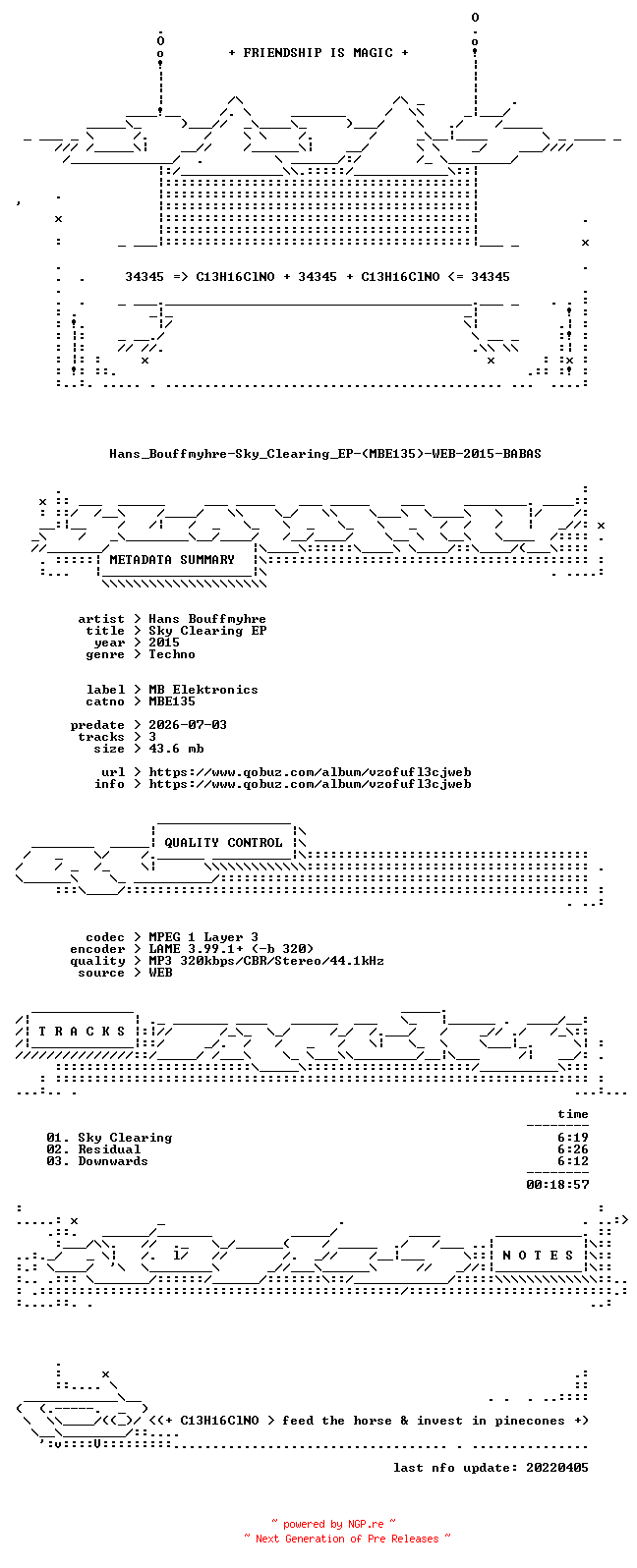 NFO for the release Hans_Bouffmyhre-Sky_Clearing_EP-(MBE135)-WEB-2015-BABAS by BABAS