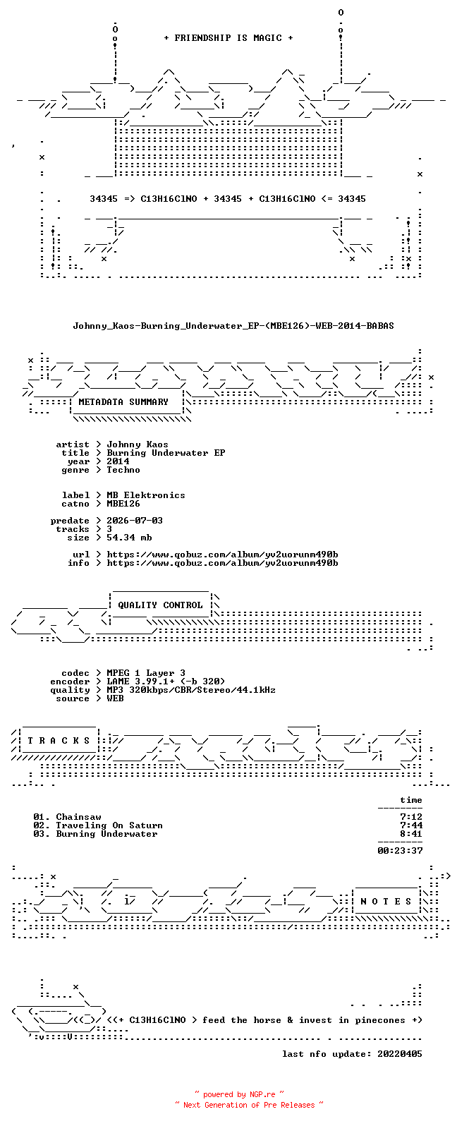 NFO for the release Johnny_Kaos-Burning_Underwater_EP-(MBE126)-WEB-2014-BABAS by BABAS