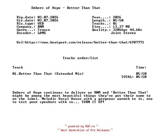 NFO for the release Embers_Of_Hope_-_Better_Than_That-(RNMR409)-SINGLE-WEB-2026-FMC by FMC
