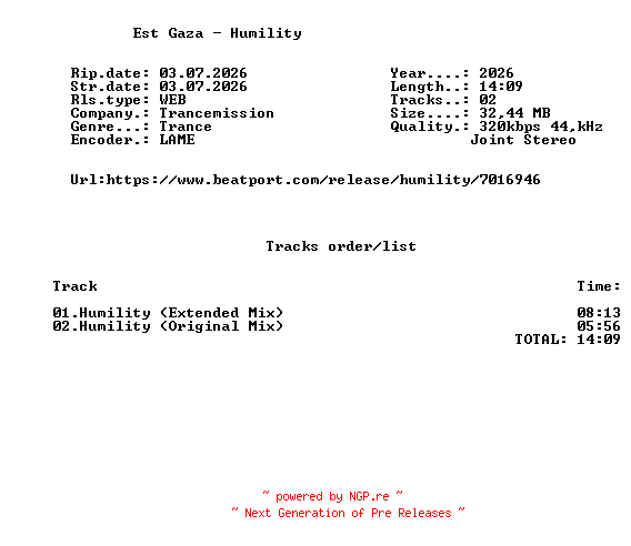 NFO for the release Est_Gaza_-_Humility-(TM304)-WEB-2026-FMC by FMC