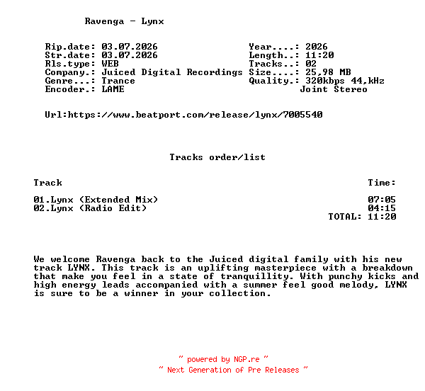 NFO for the release Ravenga_-_Lynx-(JDR161)-WEB-2026-FMC by FMC