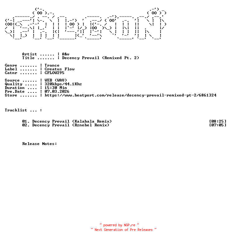 NFO for the release Aandv-Decency_Prevail_Remixed_Pt._2-(CFLOW295)-WEB-2026-FALCON by FALCON