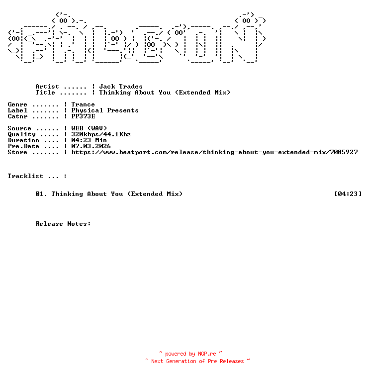 NFO for the release Jack_Trades-Thinking_About_You_(Extended_Mix)-(PP373E)-SINGLE-WEB-2026-FALCON by FALCON