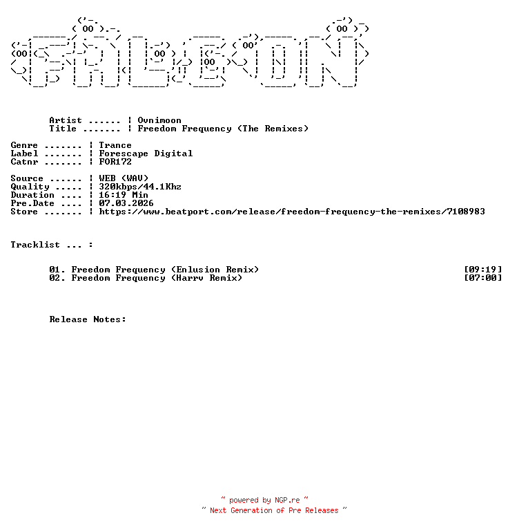 NFO for the release Ovnimoon-Freedom_Frequency_The_Remixes-(FOR172)-WEB-2026-FALCON by FALCON