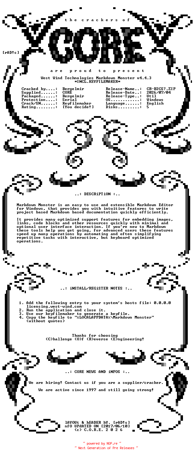 NFO for the release West.Wind.Technologies.Markdown.Monster.v4.4.3.x64.Incl.Keyfilemaker-CORE by CORE