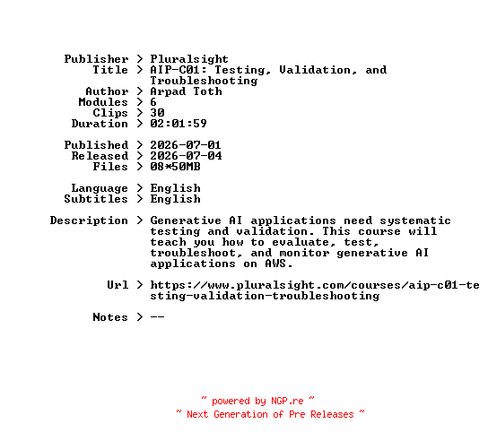 NFO for the release Pluralsight.AIP-C01.Testing.Validation.and.Troubleshooting.2026.BOOKWARE-GETH by GETH