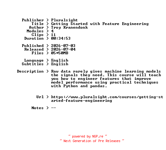 NFO for the release Pluralsight.Getting.Started.with.Feature.Engineering.2026.BOOKWARE-GETH by GETH