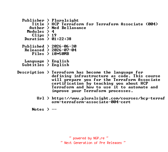 NFO for the release Pluralsight.HCP.Terraform.for.Terraform.Associate.004.2026.BOOKWARE-GETH by GETH