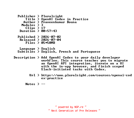 NFO for the release Pluralsight.OpenAI.Codex.in.Practice.2026.BOOKWARE-GETH by GETH