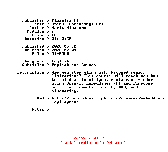 NFO for the release Pluralsight.OpenAI.Embeddings.API.2026.BOOKWARE-GETH by GETH