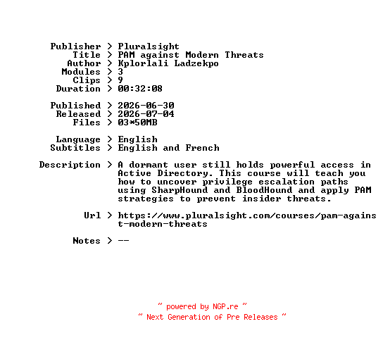 NFO for the release Pluralsight.PAM.against.Modern.Threats.2026.BOOKWARE-GETH by GETH