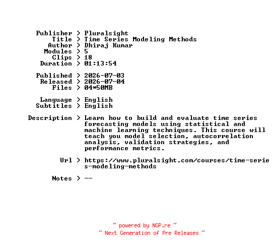 NFO for the release Pluralsight.Time.Series.Modeling.Methods.2026.BOOKWARE-GETH by GETH
