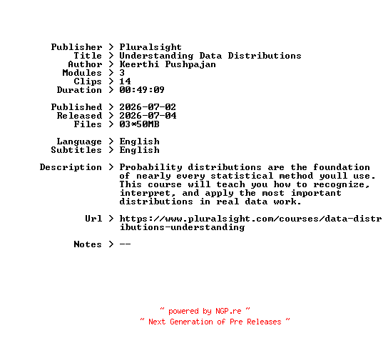 NFO for the release Pluralsight.Understanding.Data.Distributions.2026.BOOKWARE-GETH by GETH