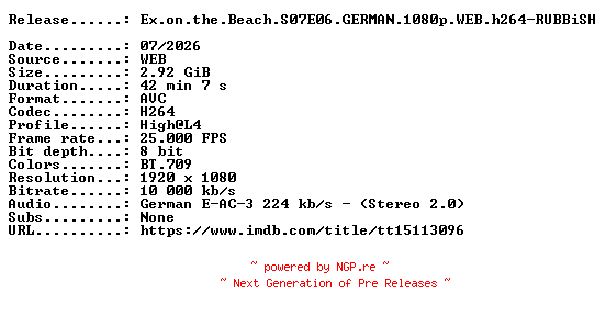 NFO for the release Ex.on.the.Beach.S07E06.GERMAN.1080p.WEB.h264-RUBBiSH by RUBBiSH