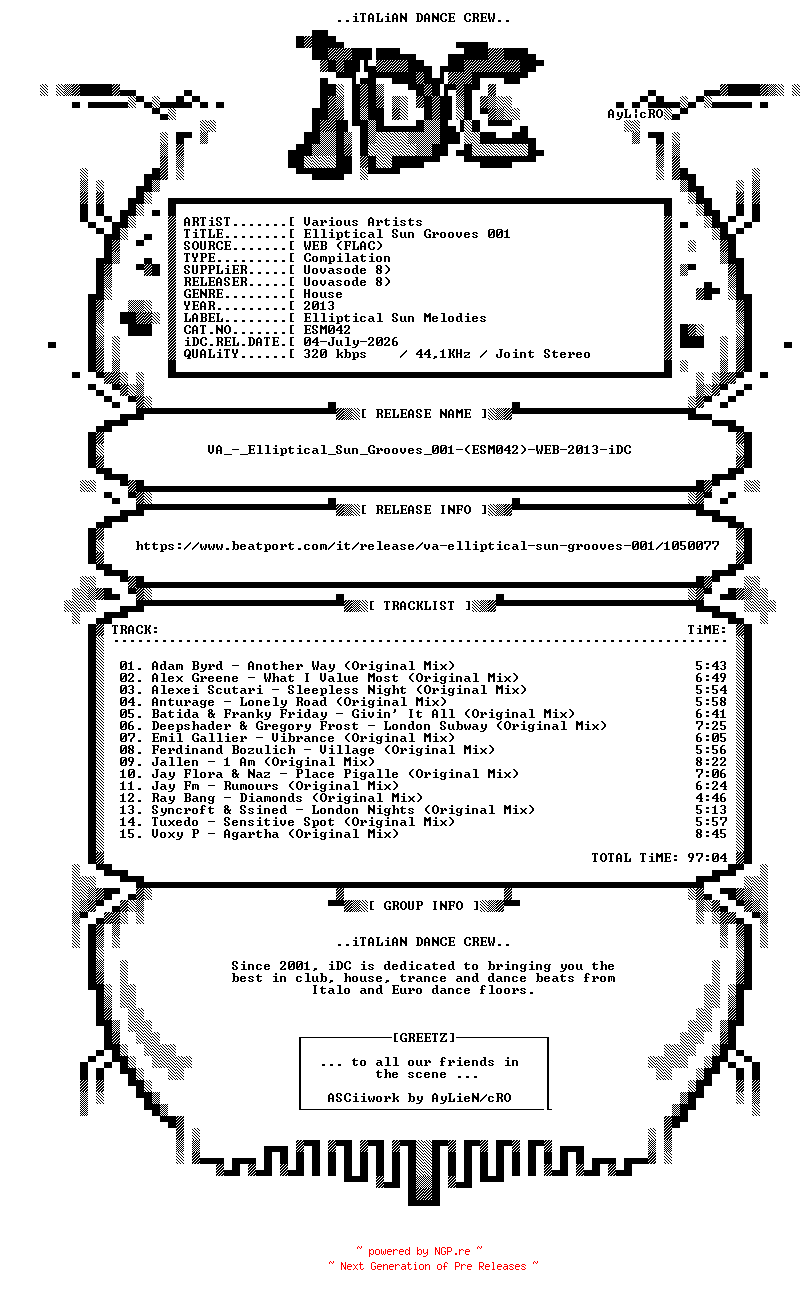 NFO for the release VA_-_Elliptical_Sun_Grooves_001-(ESM042)-WEB-2013-iDC by iDC