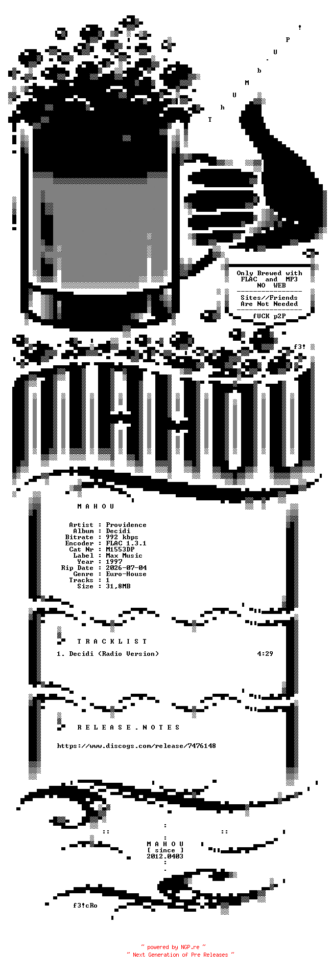 NFO for the release Providence-Decidi-ES-PROMO-CDS-FLAC-1997-MAHOU by MAHOU