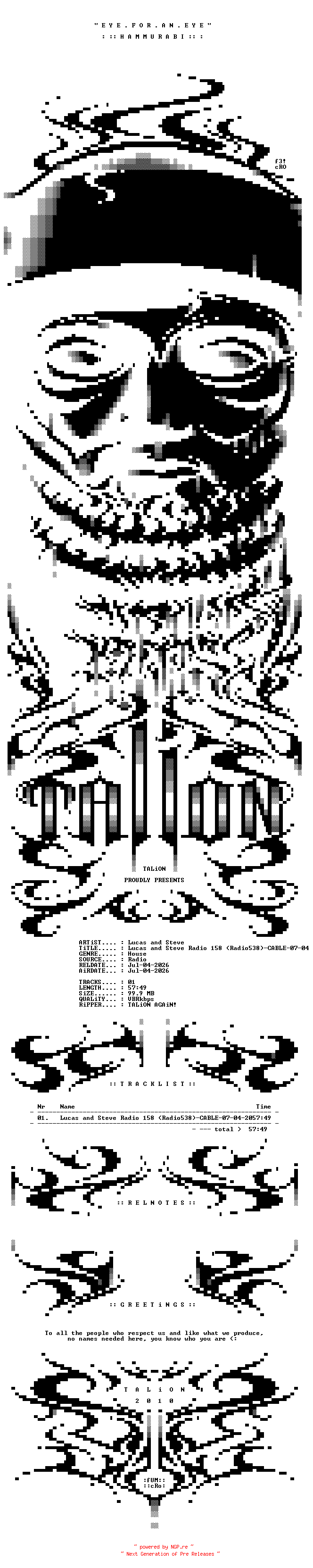 NFO for the release Lucas_and_Steve_-_Lucas_and_Steve_Radio_158_(Radio538)-CABLE-07-04-2026-TALiON by TALiON