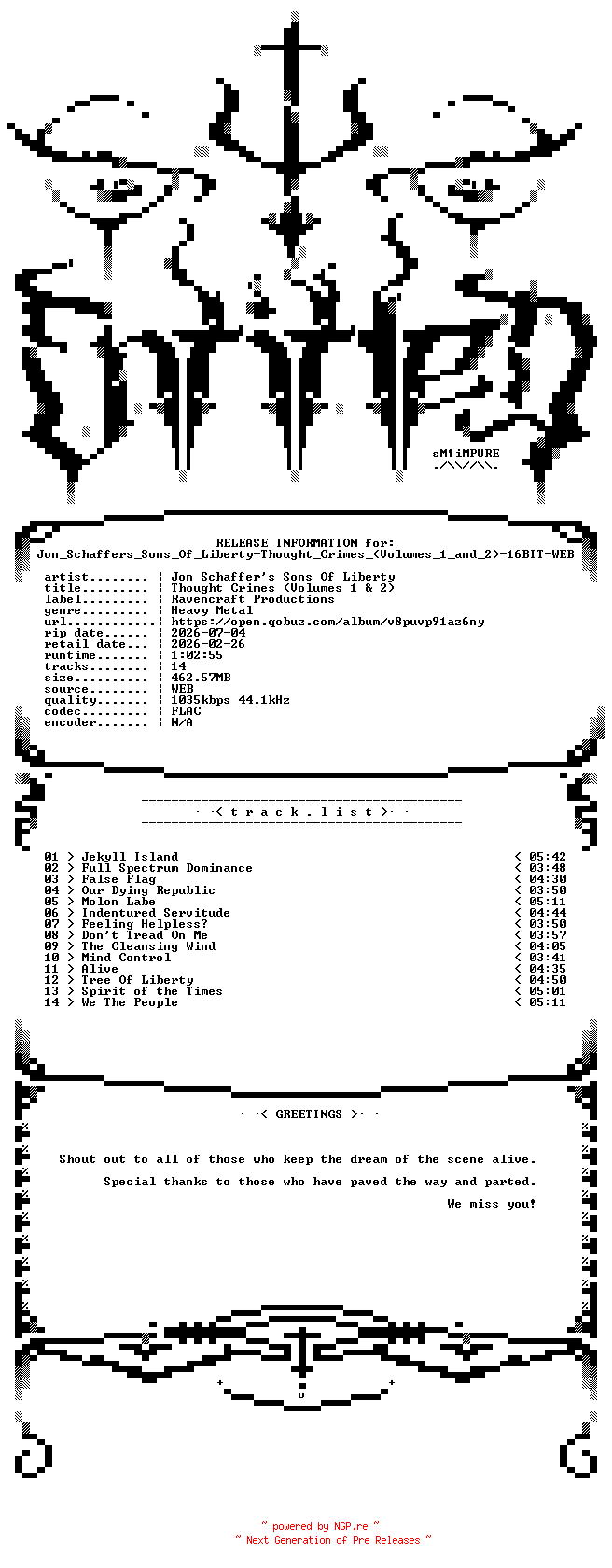 NFO for the release Jon_Schaffers_Sons_Of_Liberty-Thought_Crimes_(Volumes_1_and_2)-16BIT-WEB-FLAC-2026-ENTiTLED by ENTiTLED