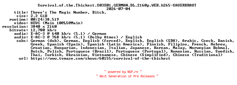 NFO for the release Survival.of.the.Thickest.S03E01.GERMAN.DL.2160p.WEB.h265-SAUERKRAUT by SAUERKRAUT
