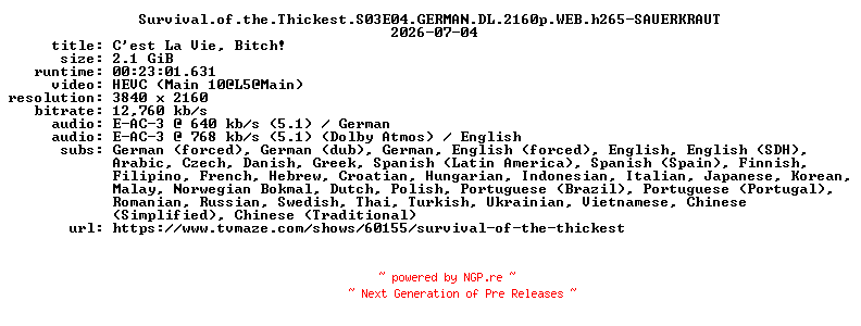 NFO for the release Survival.of.the.Thickest.S03E04.GERMAN.DL.2160p.WEB.h265-SAUERKRAUT by SAUERKRAUT