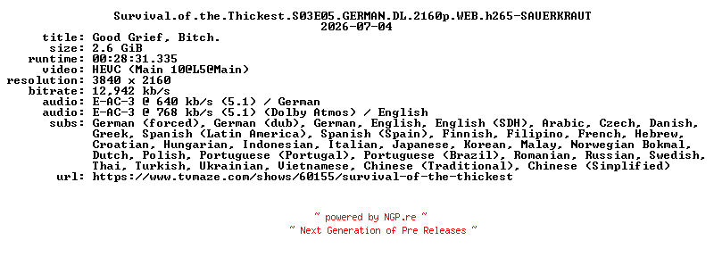 NFO for the release Survival.of.the.Thickest.S03E05.GERMAN.DL.2160p.WEB.h265-SAUERKRAUT by SAUERKRAUT