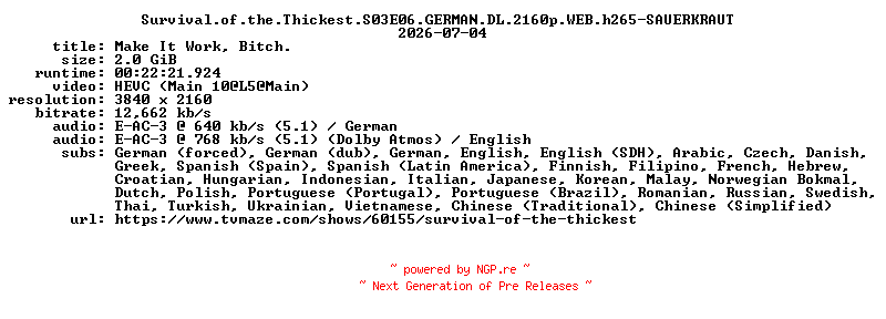 NFO for the release Survival.of.the.Thickest.S03E06.GERMAN.DL.2160p.WEB.h265-SAUERKRAUT by SAUERKRAUT