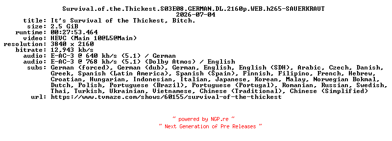 NFO for the release Survival.of.the.Thickest.S03E08.GERMAN.DL.2160p.WEB.h265-SAUERKRAUT by SAUERKRAUT