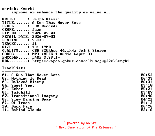 NFO for the release Ralph_Alessi-A_Sun_That_Never_Sets-WEB-2026-ENRiCH by ENRiCH