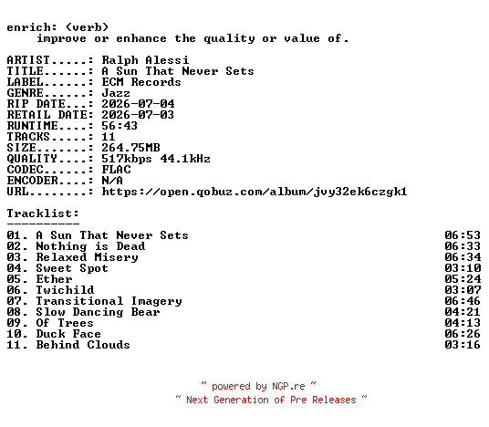 NFO for the release Ralph_Alessi-A_Sun_That_Never_Sets-16BIT-WEB-FLAC-2026-ENRiCH by ENRiCH