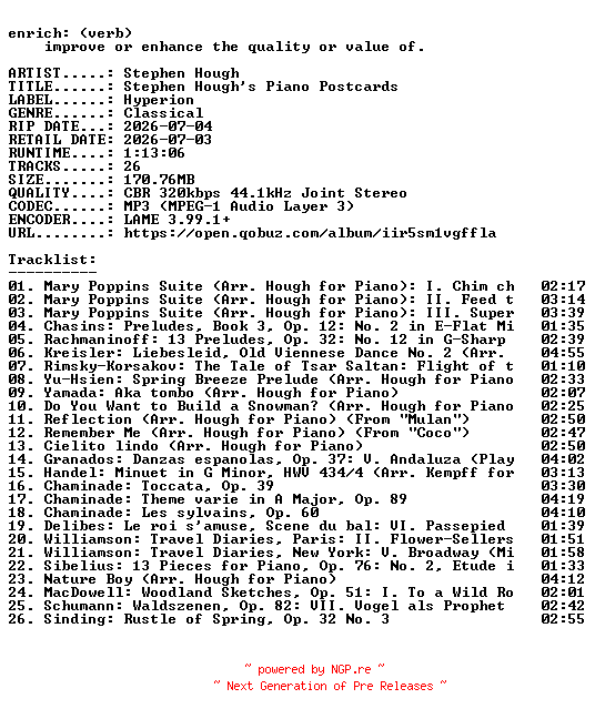 NFO for the release Stephen_Hough-Stephen_Houghs_Piano_Postcards-WEB-2026-ENRiCH by ENRiCH