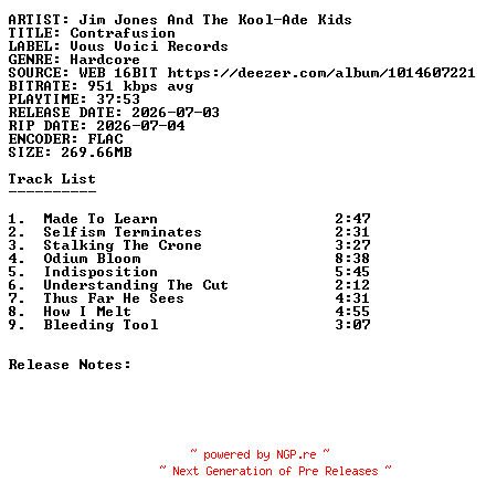 NFO for the release Jim_Jones_and_The_Kool-Ade_Kids-Contrafusion-16BIT-WEB-FLAC-2026-SDR by SDR
