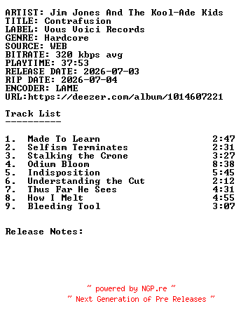 NFO for the release Jim_Jones_and_The_Kool-Ade_Kids-Contrafusion-WEB-2026-SDR by SDR