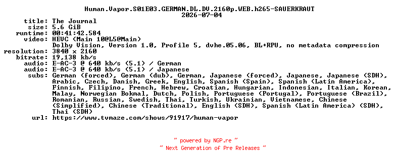 NFO for the release Human.Vapor.S01E03.GERMAN.DL.DV.2160p.WEB.h265-SAUERKRAUT by SAUERKRAUT