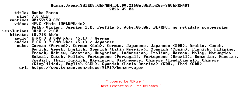 NFO for the release Human.Vapor.S01E05.GERMAN.DL.DV.2160p.WEB.h265-SAUERKRAUT by SAUERKRAUT