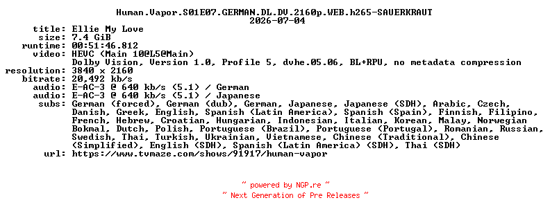 NFO for the release Human.Vapor.S01E07.GERMAN.DL.DV.2160p.WEB.h265-SAUERKRAUT by SAUERKRAUT