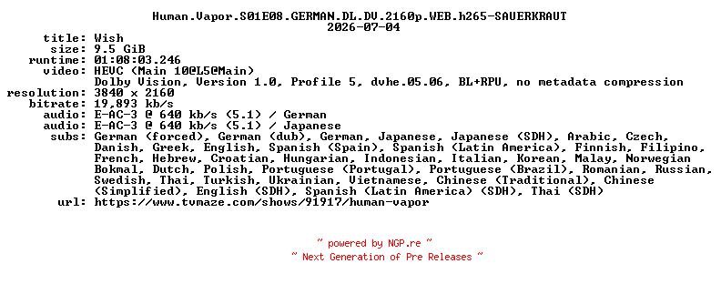 NFO for the release Human.Vapor.S01E08.GERMAN.DL.DV.2160p.WEB.h265-SAUERKRAUT by SAUERKRAUT