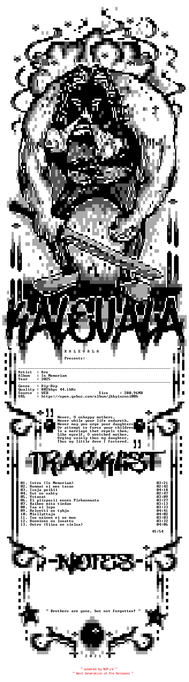NFO for the release Are-In_Memoriam-FI-16BIT-WEB-FLAC-2025-KALEVALA by KALEVALA