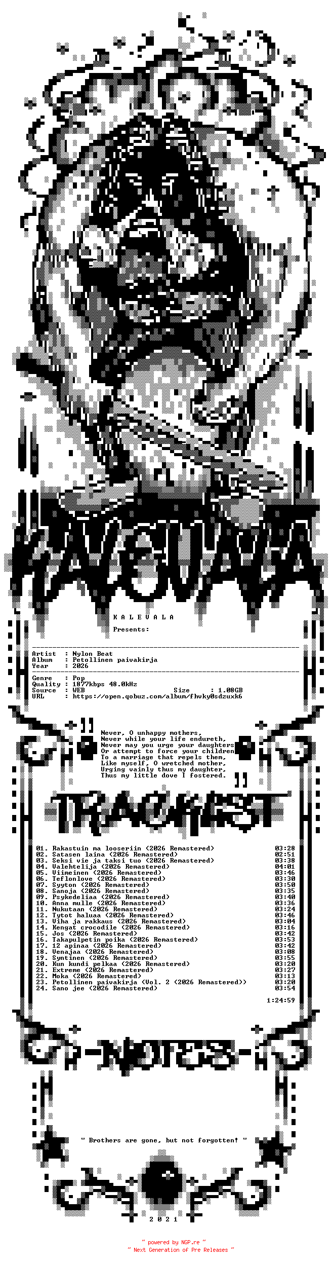 NFO for the release Nylon_Beat-Petollinen_Paivakirja-FI-24BIT-WEB-FLAC-2026-KALEVALA by KALEVALA