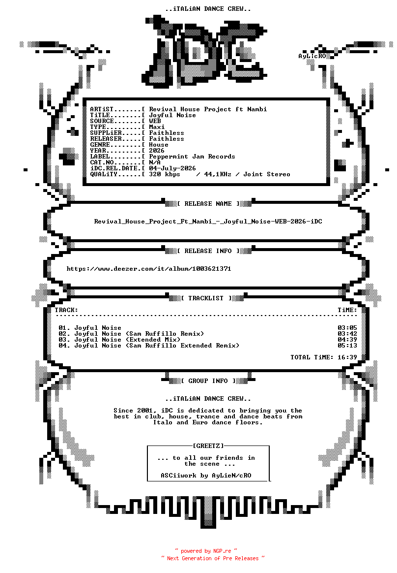NFO for the release Revival_House_Project_Ft_Nambi_-_Joyful_Noise-WEB-2026-iDC by iDC
