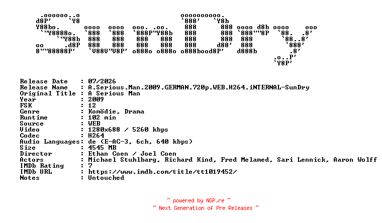 NFO for the release A.Serious.Man.2009.GERMAN.720p.WEB.H264.iNTERNAL-SunDry by SunDry