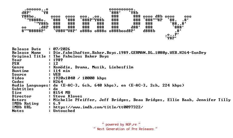 NFO for the release Die.fabelhaften.Baker.Boys.1989.GERMAN.DL.1080p.WEB.H264-SunDry by SunDry