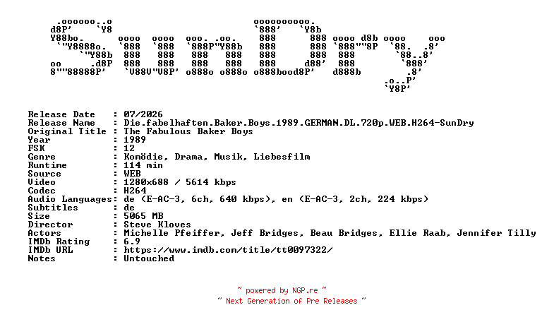 NFO for the release Die.fabelhaften.Baker.Boys.1989.GERMAN.DL.720p.WEB.H264-SunDry by SunDry
