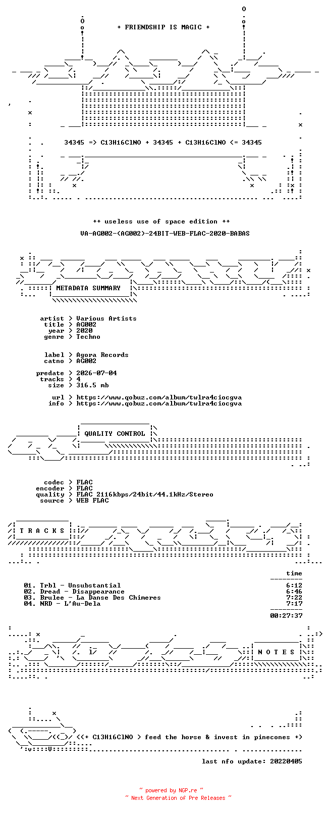 NFO for the release VA-AG002-(AG002)-24BIT-WEB-FLAC-2020-BABAS by BABAS