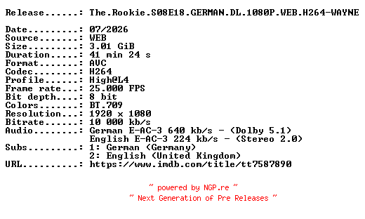 NFO for the release The.Rookie.S08E18.GERMAN.DL.1080P.WEB.H264-WAYNE by WAYNE