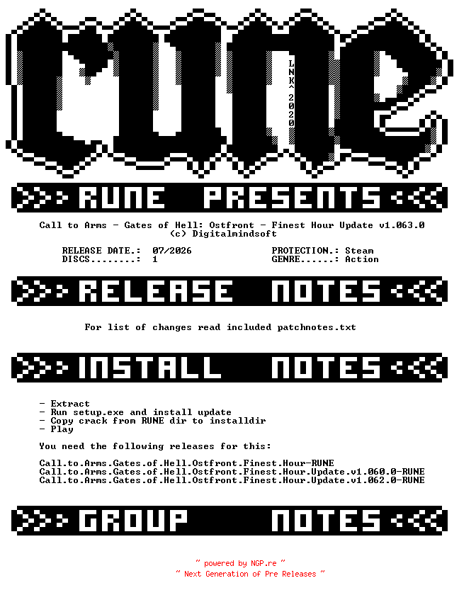 NFO for the release Call.to.Arms.Gates.of.Hell.Ostfront.Finest.Hour.Update.v1.063.0-RUNE by RUNE