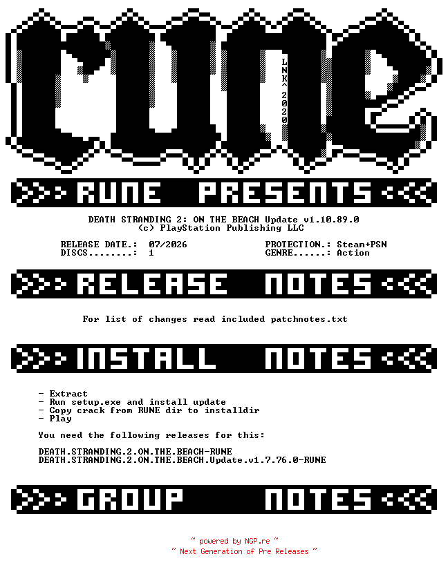 NFO for the release DEATH.STRANDING.2.ON.THE.BEACH.Update.v1.10.89.0-RUNE by RUNE