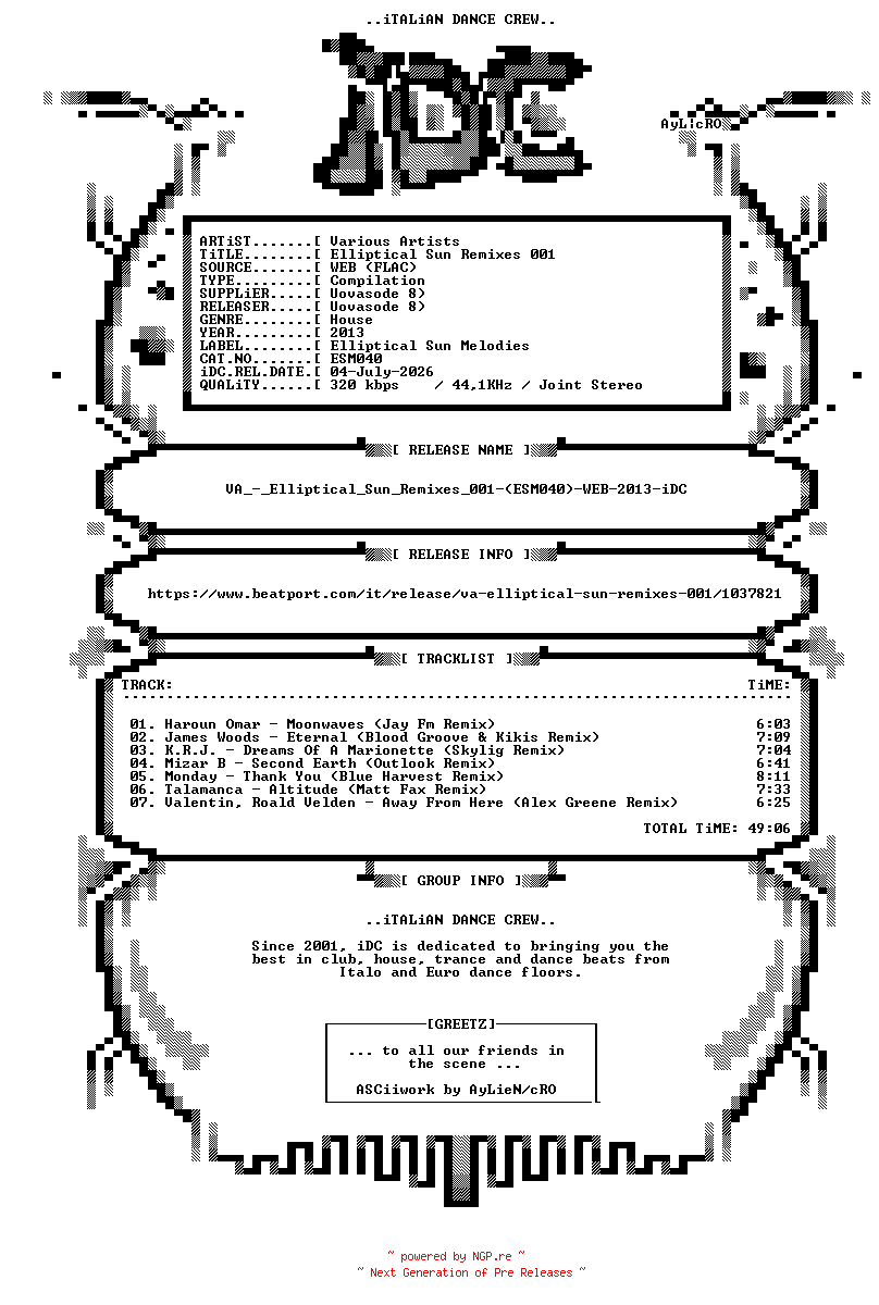 NFO for the release VA_-_Elliptical_Sun_Remixes_001-(ESM040)-WEB-2013-iDC by iDC